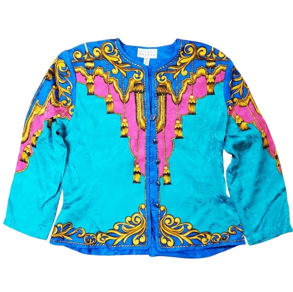 Vntg Adrianna Papell Green and Gold 100% Silk Jacket. 12 - Picture 1 of 10